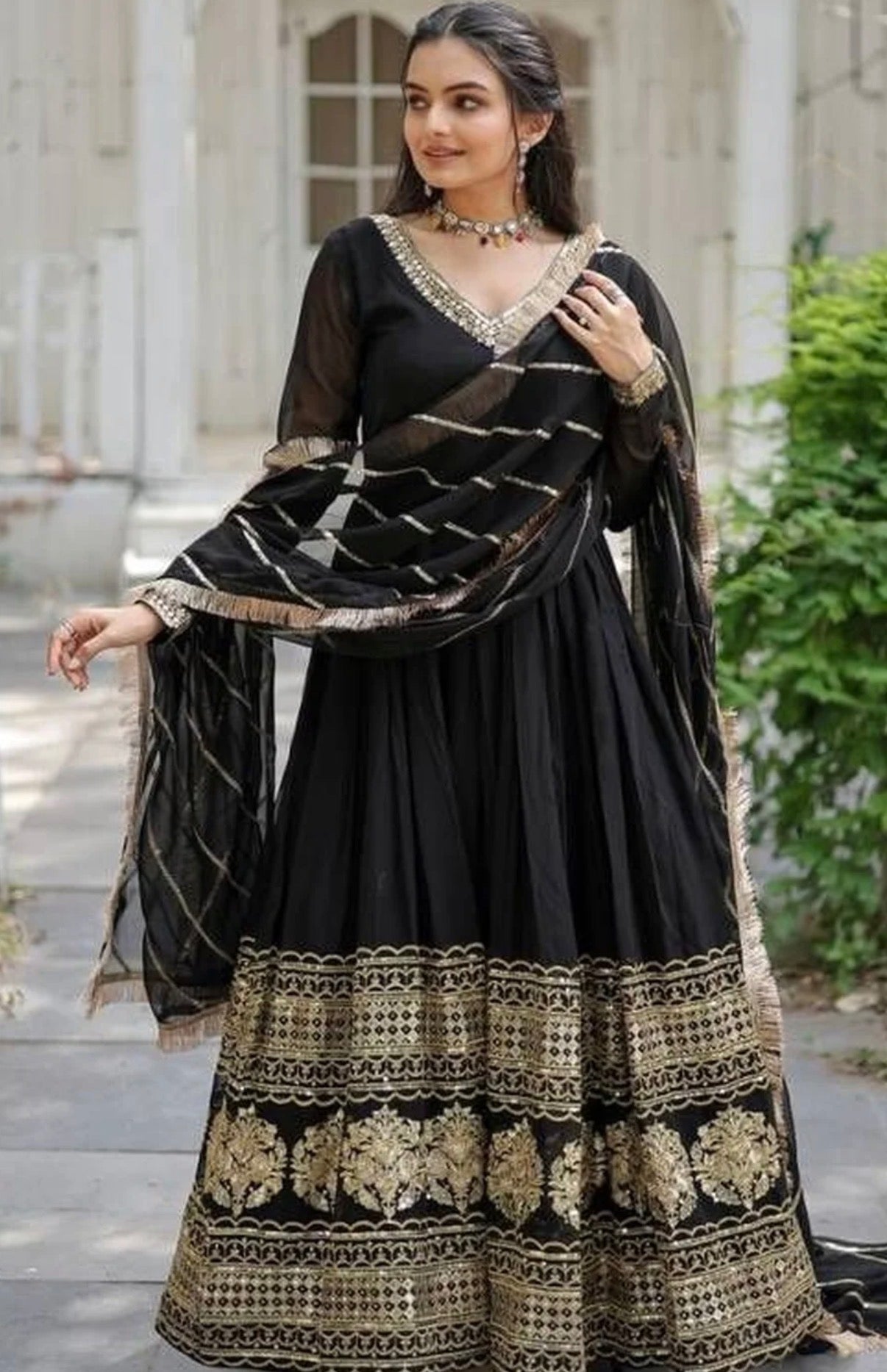 Black Ethnic Motifs Panelled Anarkali Kurta with Dupatta