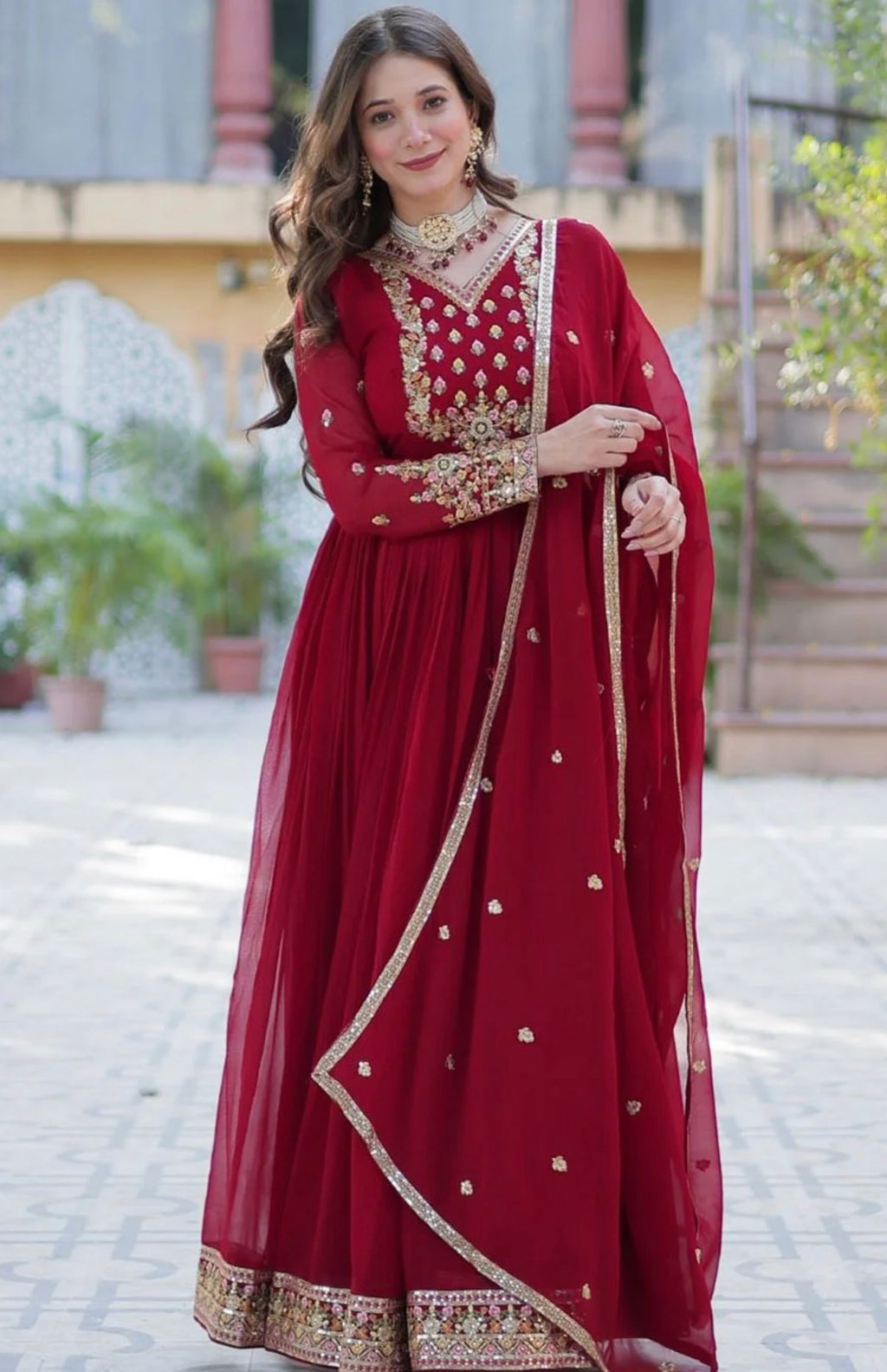Red Ethnic Motifs Panelled Anarkali Kurta With Dupatta