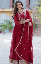 Red Ethnic Motifs Panelled Anarkali Kurta With Dupatta