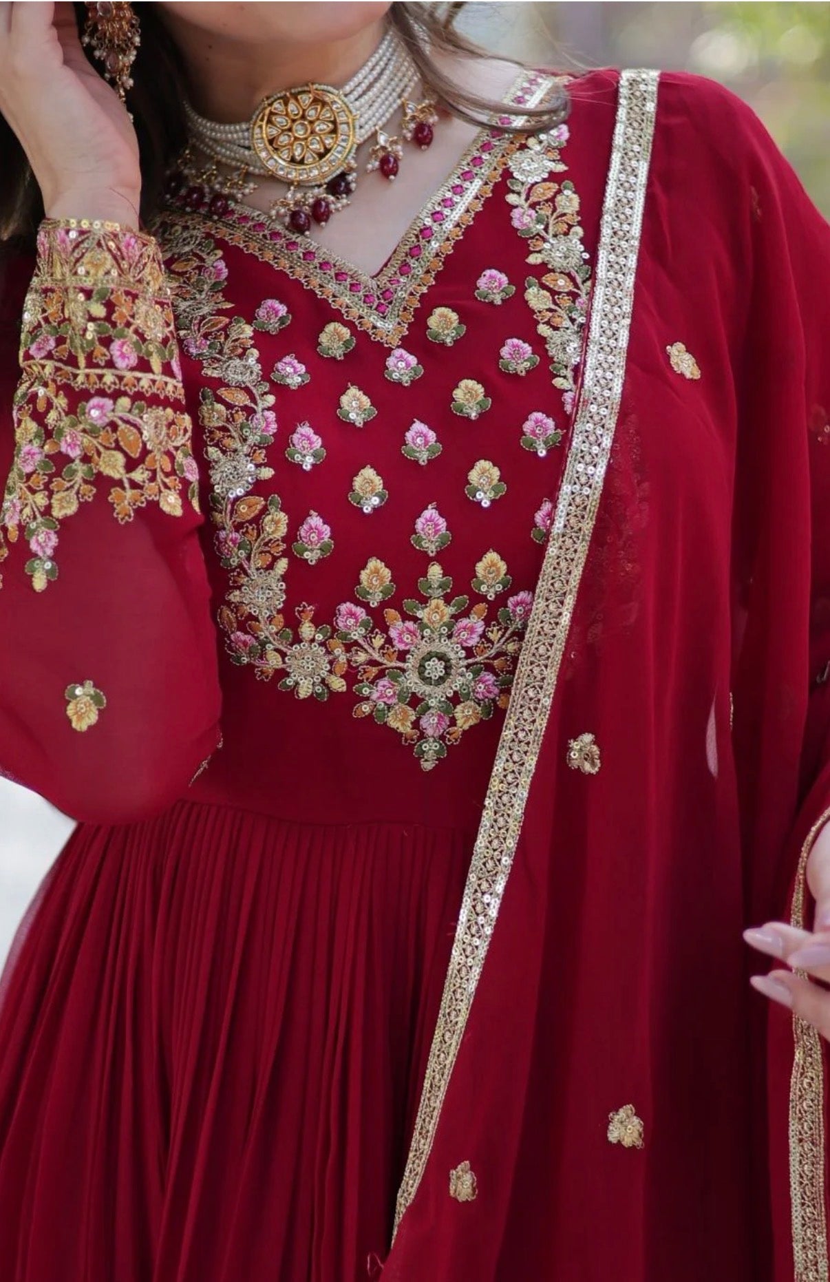 Red Ethnic Motifs Panelled Anarkali Kurta With Dupatta