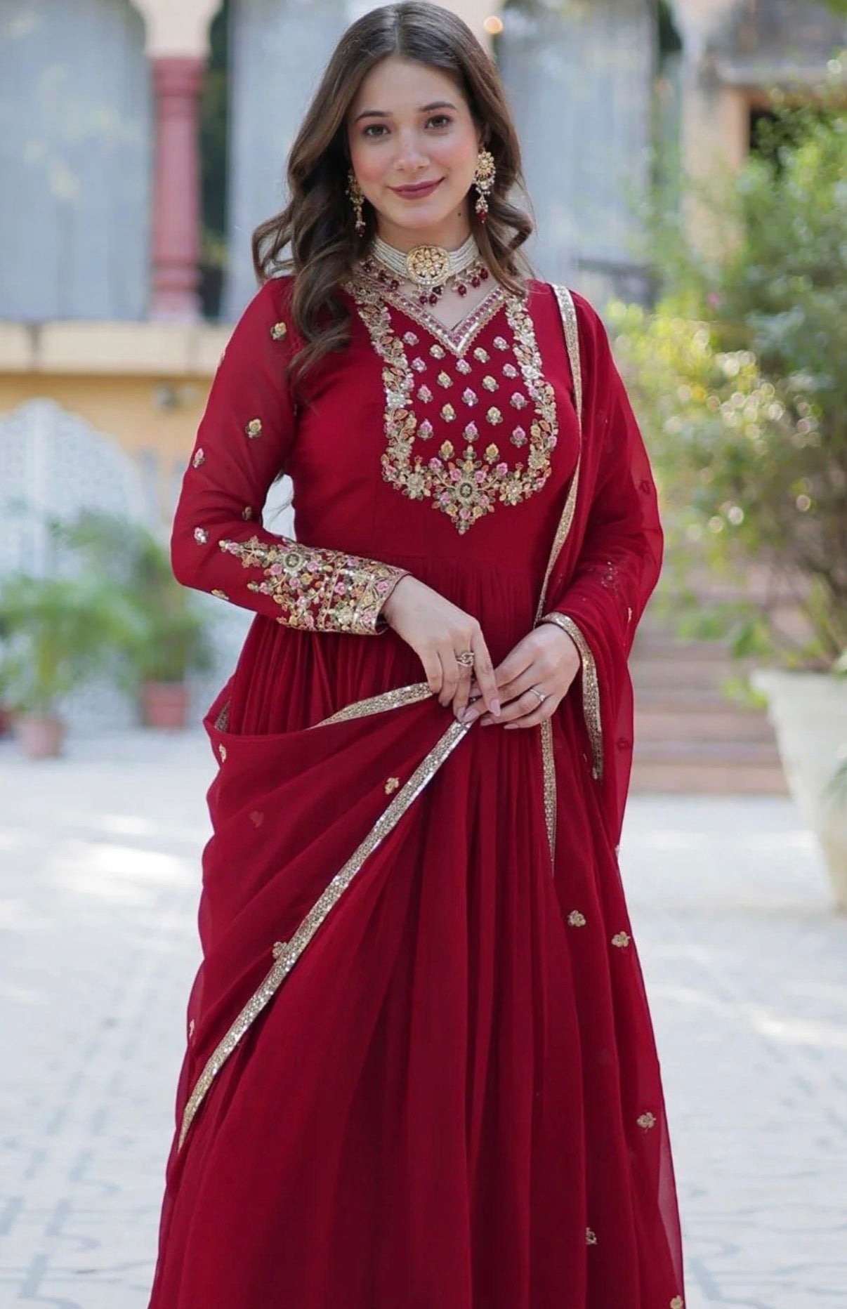 Red Ethnic Motifs Panelled Anarkali Kurta With Dupatta