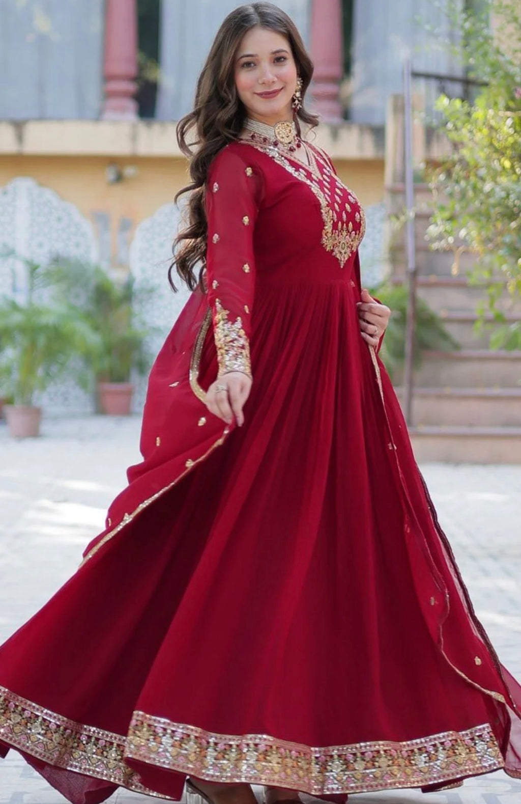 Red Ethnic Motifs Panelled Anarkali Kurta With Dupatta
