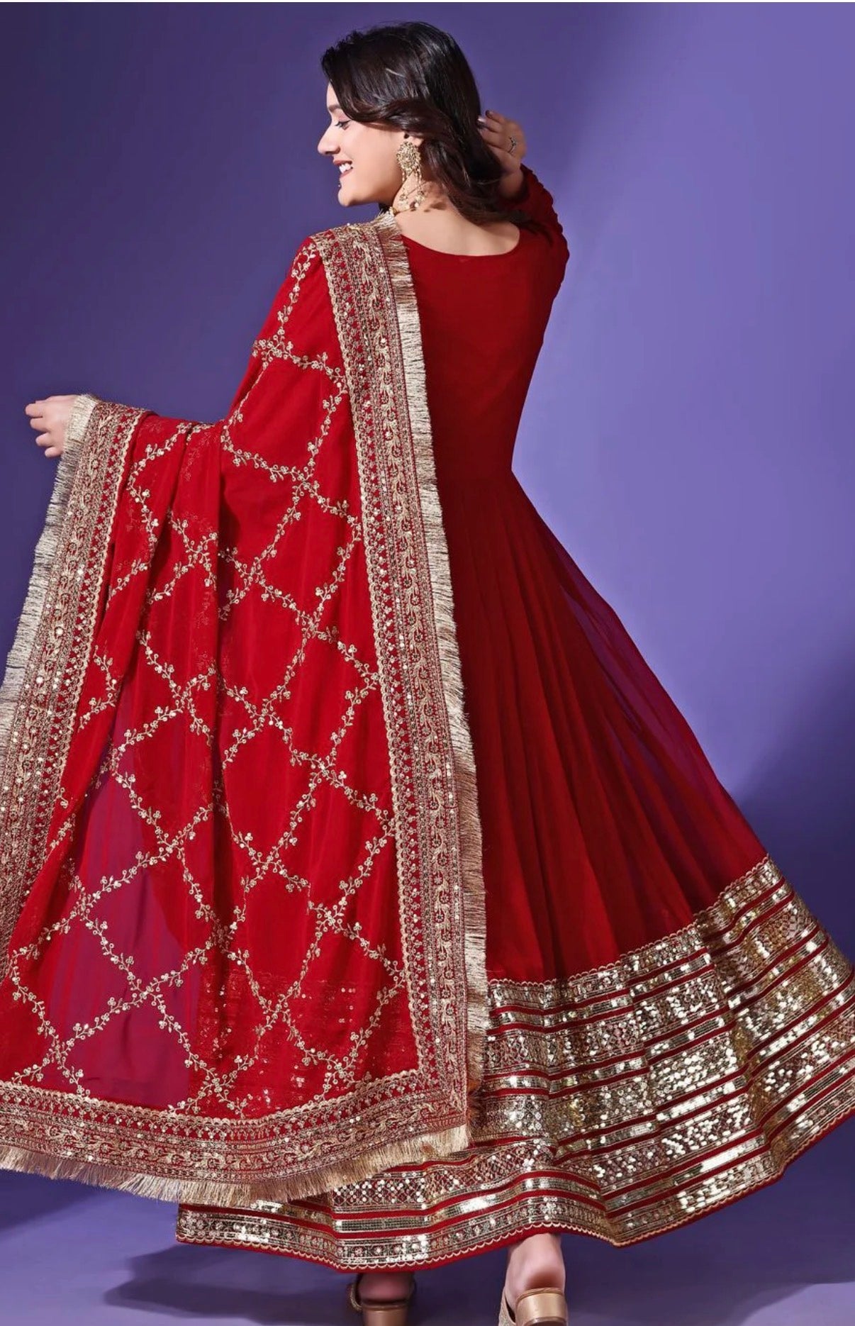 Red Georgette Anarkali Kurta With Embroidered Dupatta