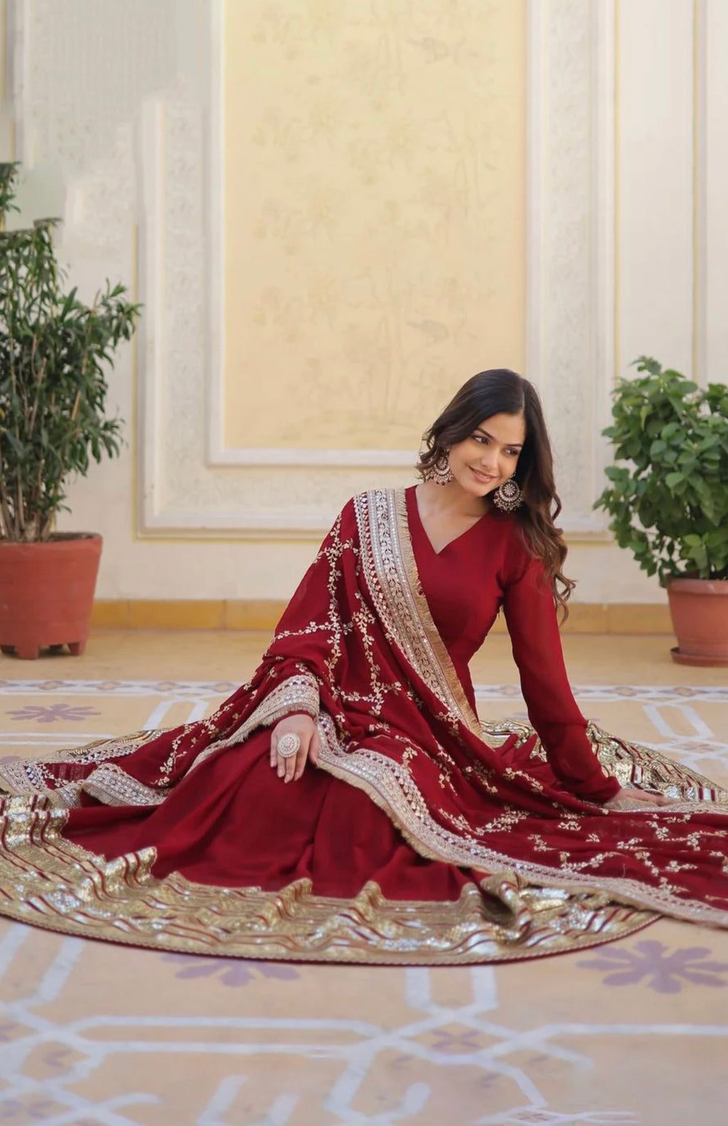 Red Georgette Anarkali Kurta With Embroidered Dupatta