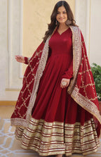 Red Georgette Anarkali Kurta With Embroidered Dupatta