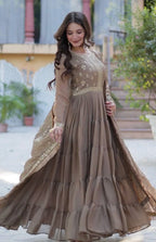 Beige Embellished Flared Anarkali Kurta With Dupatta