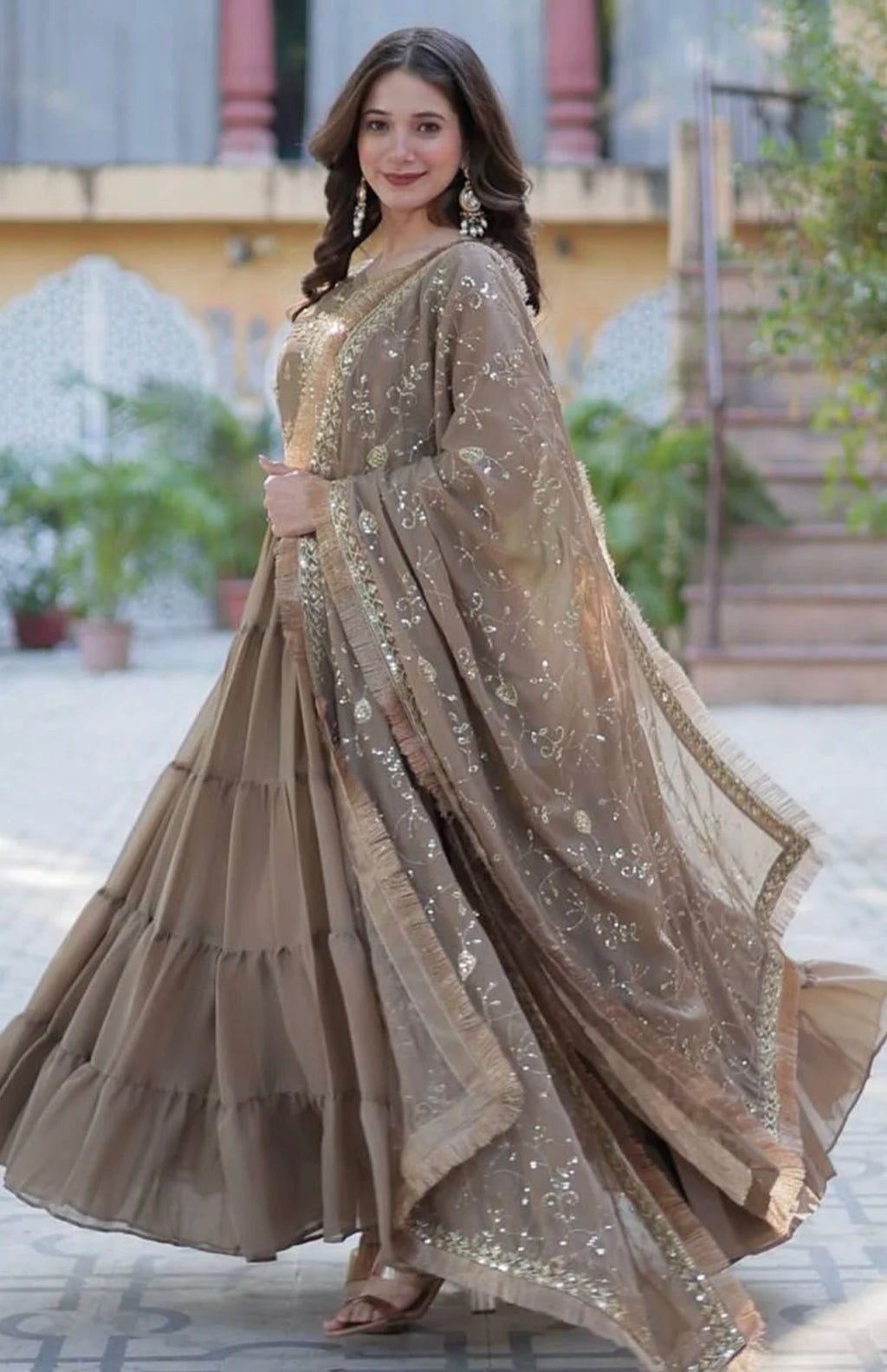 Beige Embellished Flared Anarkali Kurta With Dupatta