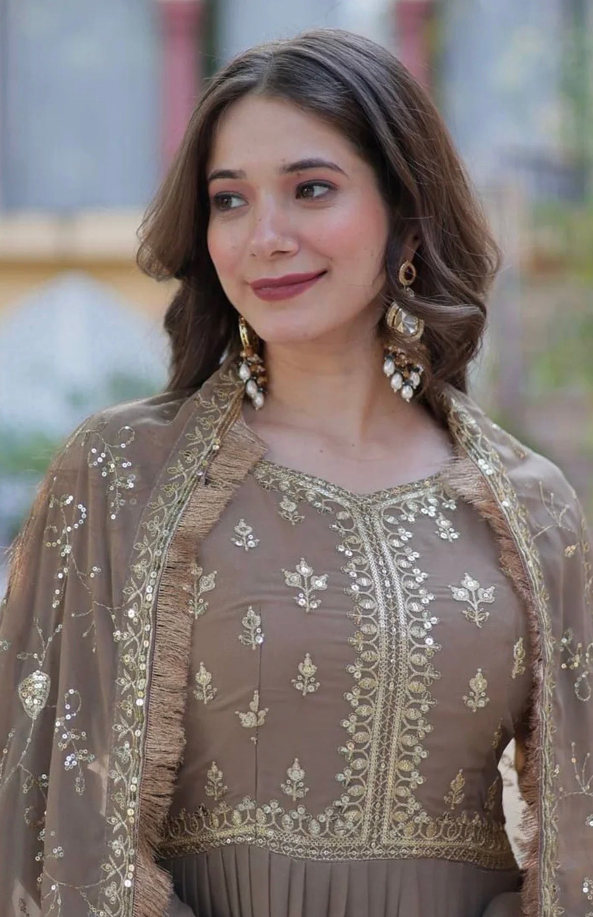 Beige Embellished Flared Anarkali Kurta With Dupatta