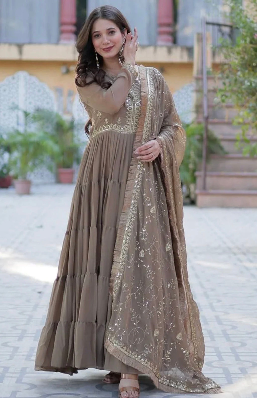 Beige Embellished Flared Anarkali Kurta With Dupatta