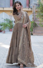 Beige Embellished Flared Anarkali Kurta With Dupatta