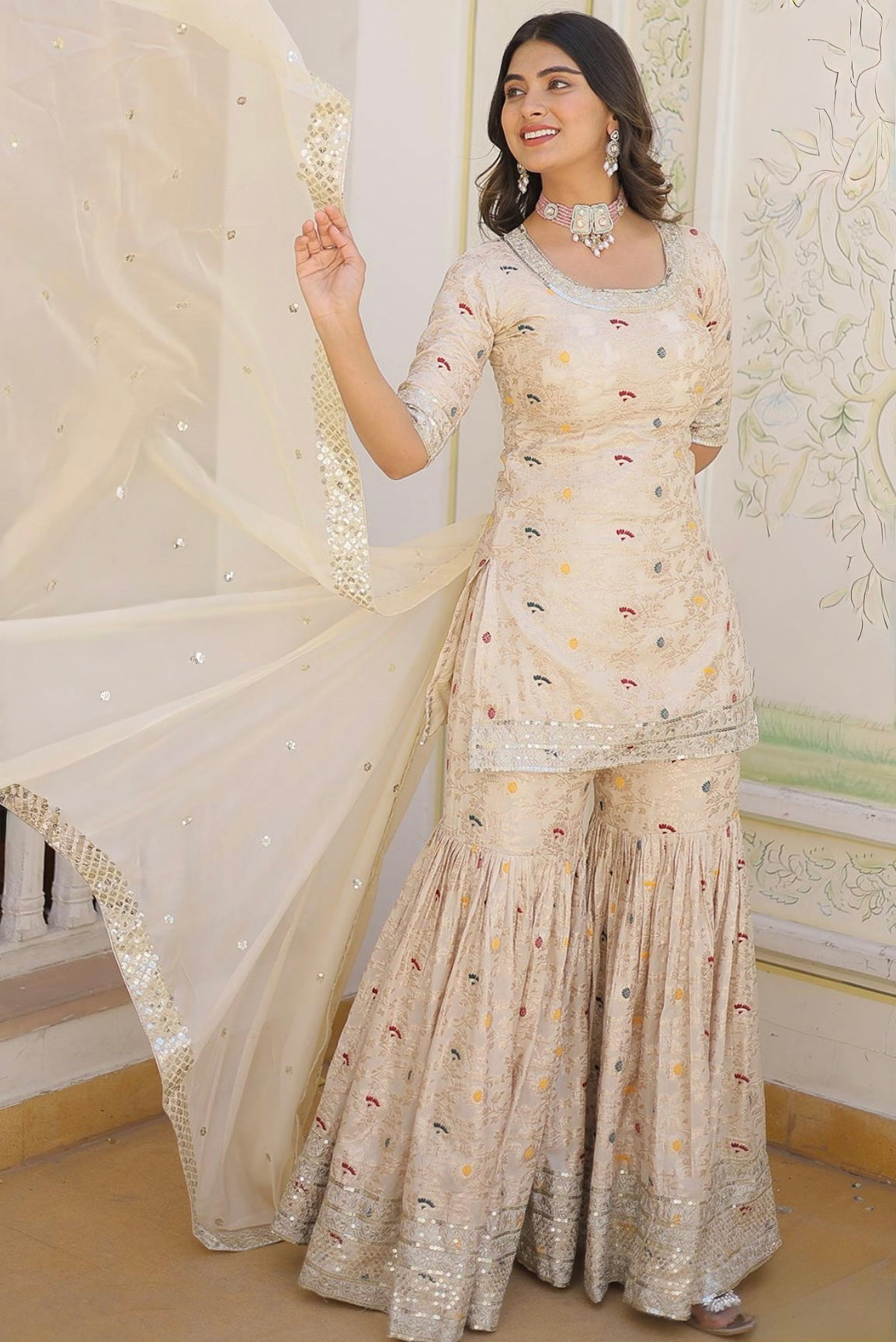 Ivory Printed Gharara Set with flowy dupatta