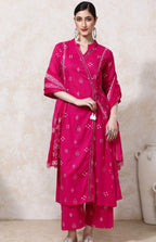 Pink Floral A-line Cotton Kurta & Trousers with Dupatta