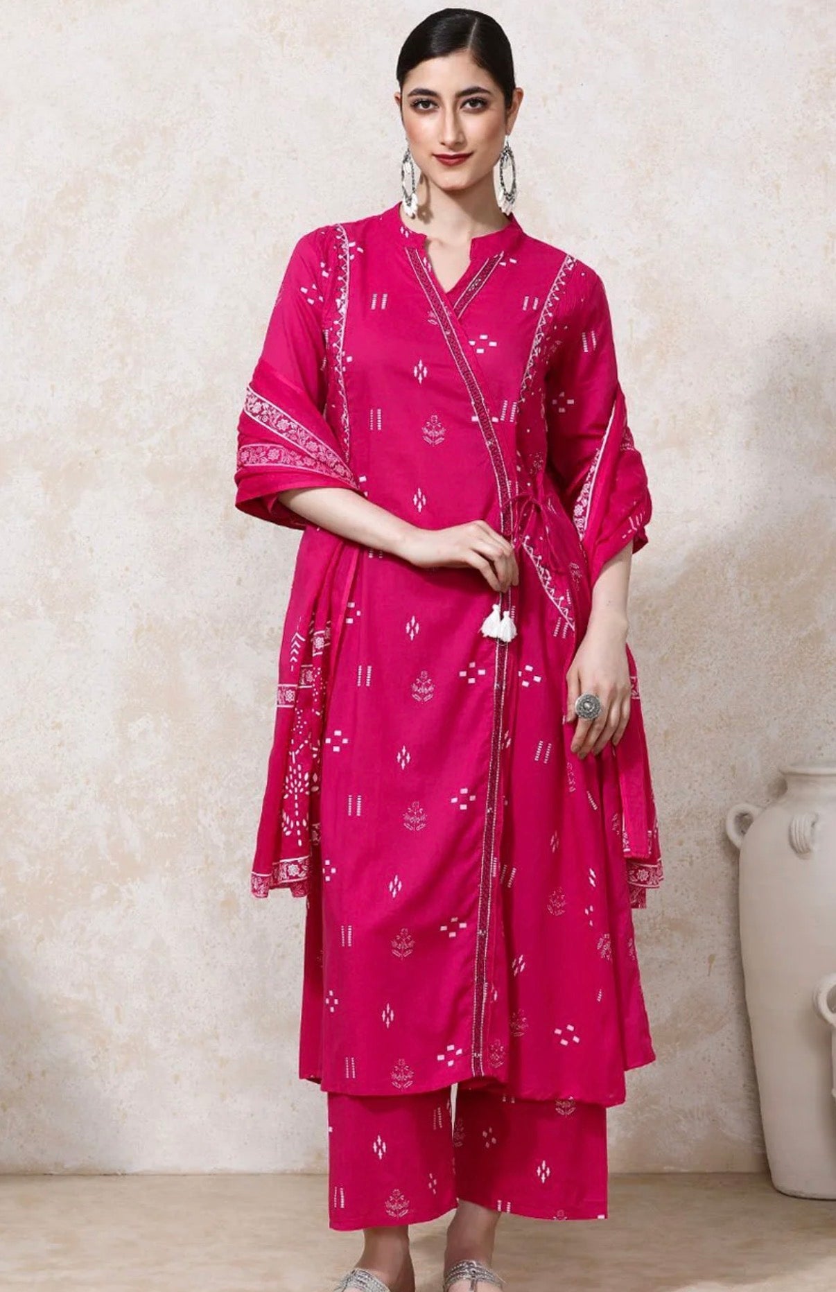 Pink Floral A-line Cotton Kurta & Trousers with Dupatta