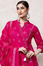 Pink Floral A-line Cotton Kurta & Trousers with Dupatta