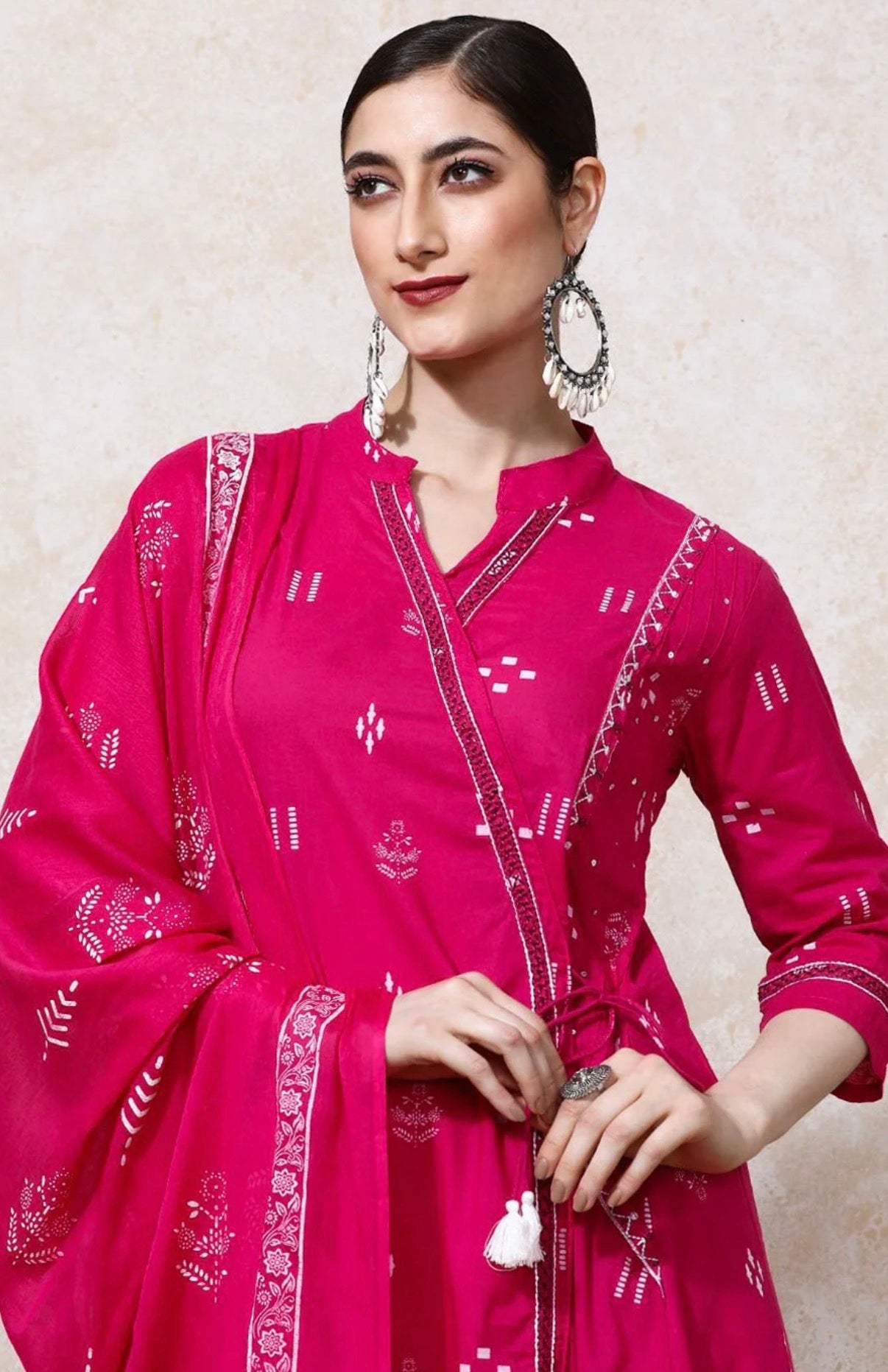 Pink Floral A-line Cotton Kurta & Trousers with Dupatta