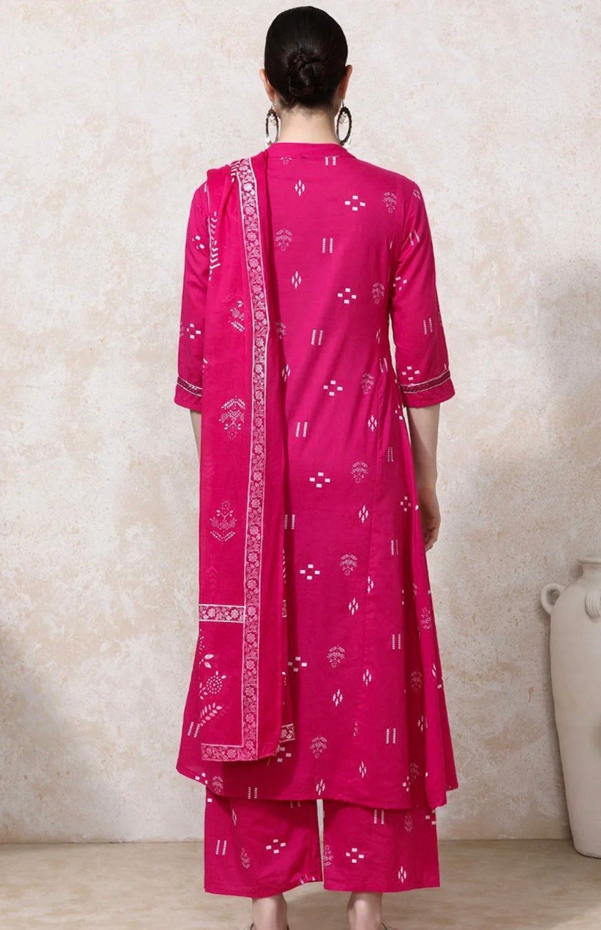 Pink Floral A-line Cotton Kurta & Trousers with Dupatta