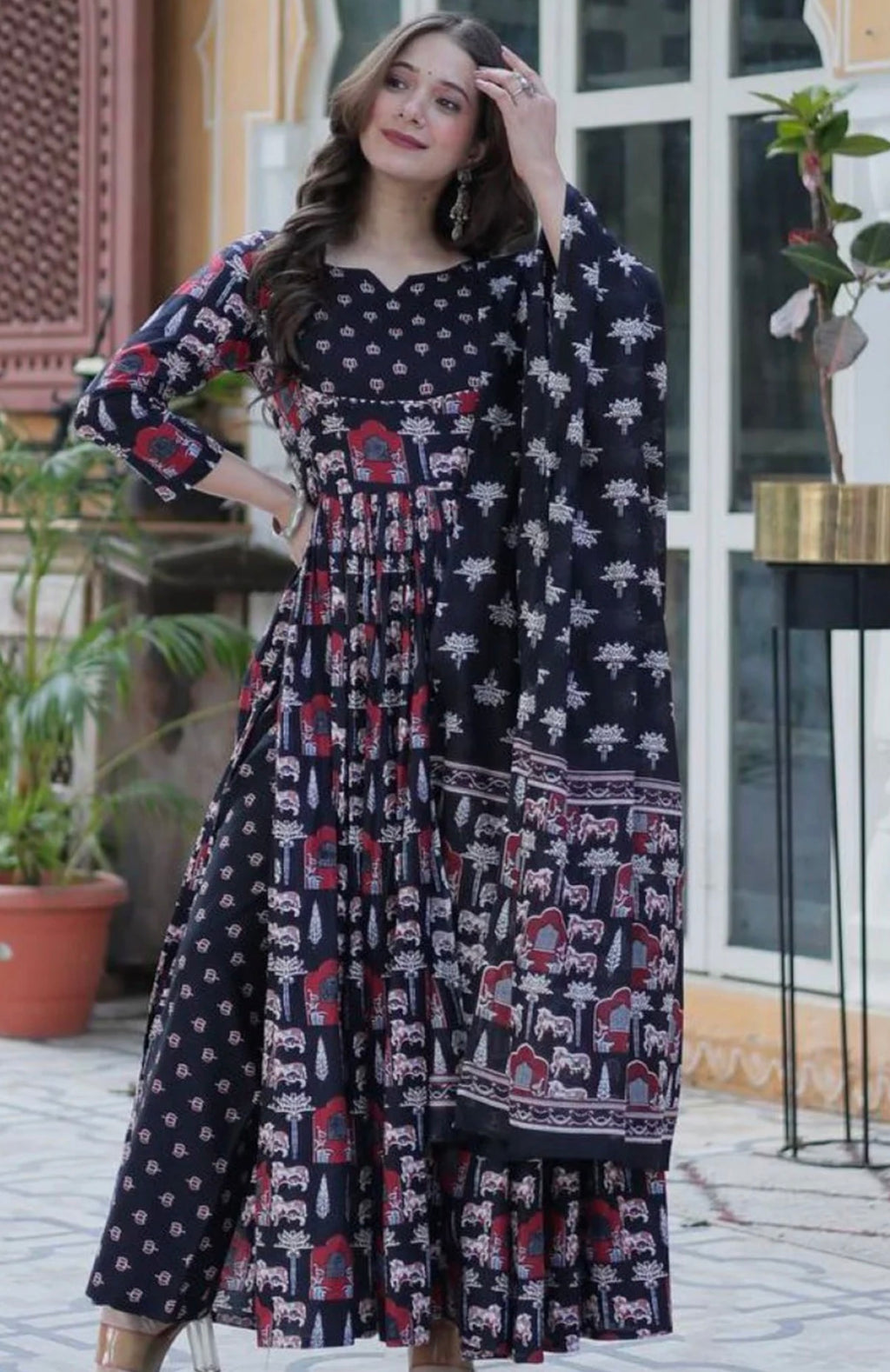 Black Printed Anarkali Pant Set and Dupatta