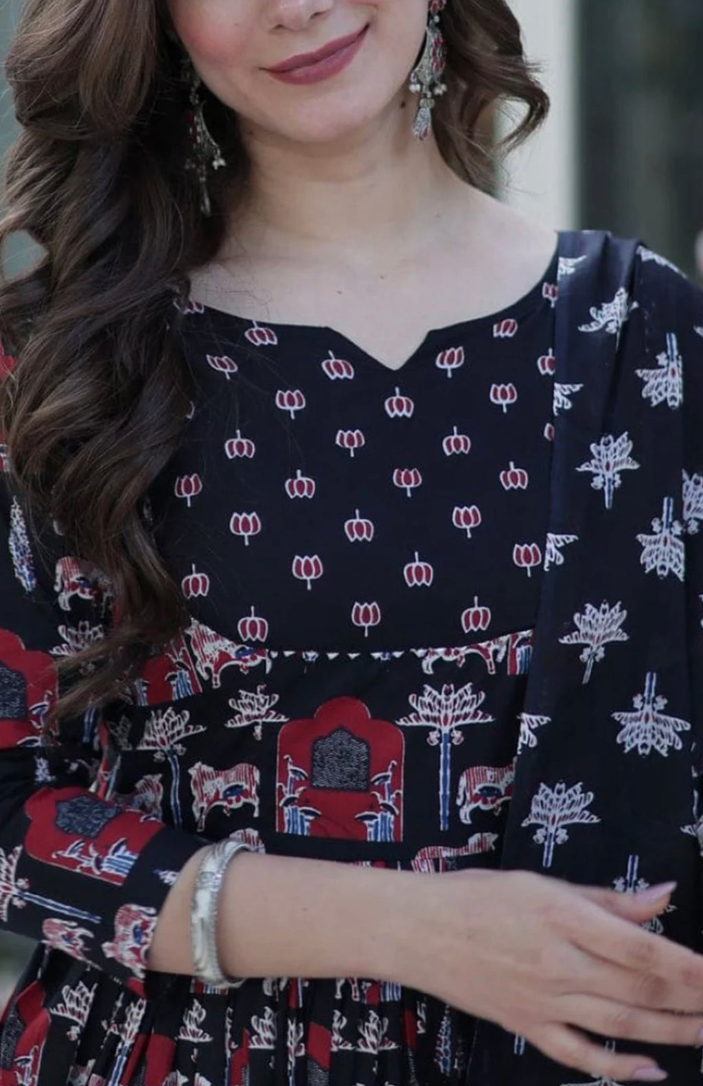Black Printed Anarkali Pant Set and Dupatta