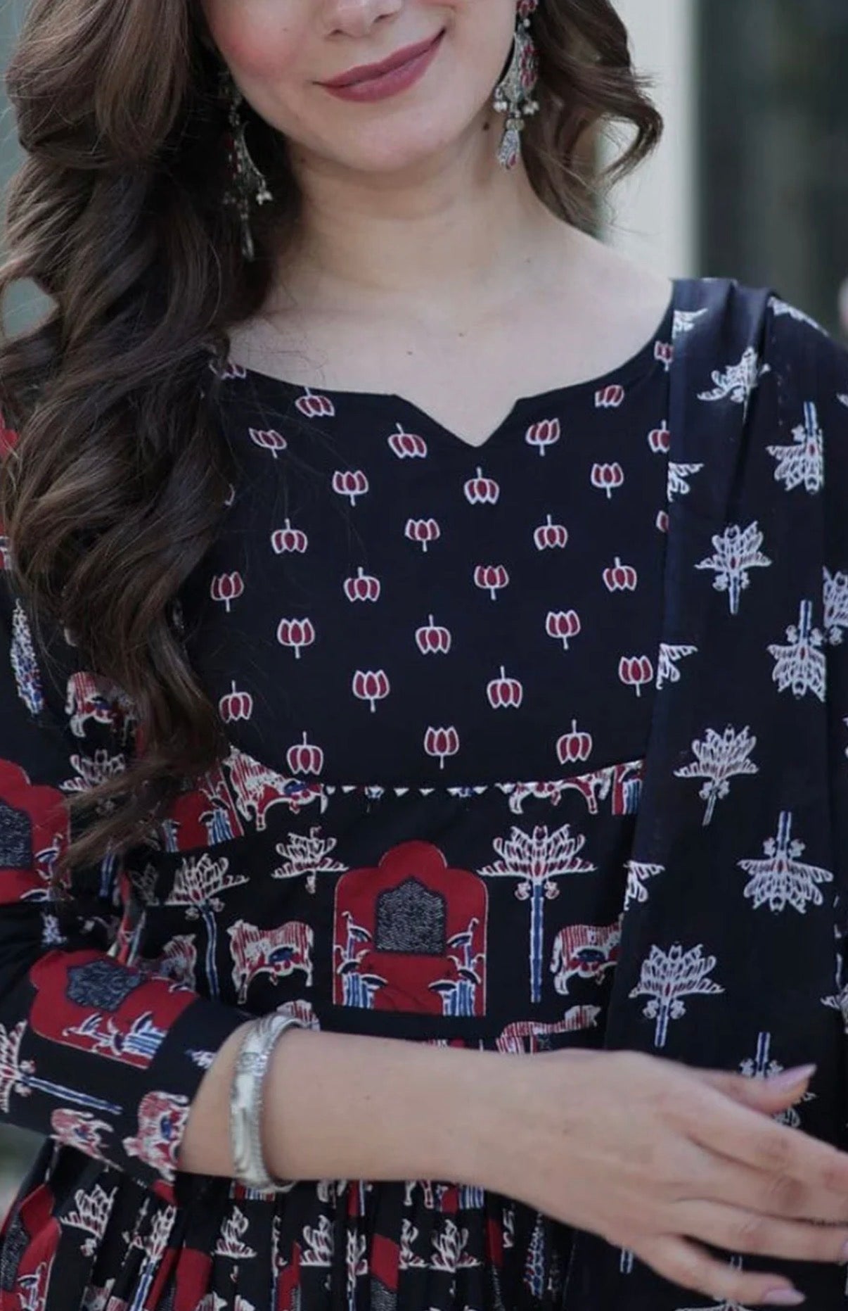 Black Printed Anarkali Pant Set and Dupatta