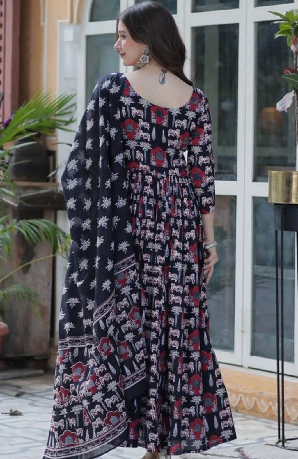 Black Printed Anarkali Pant Set and Dupatta