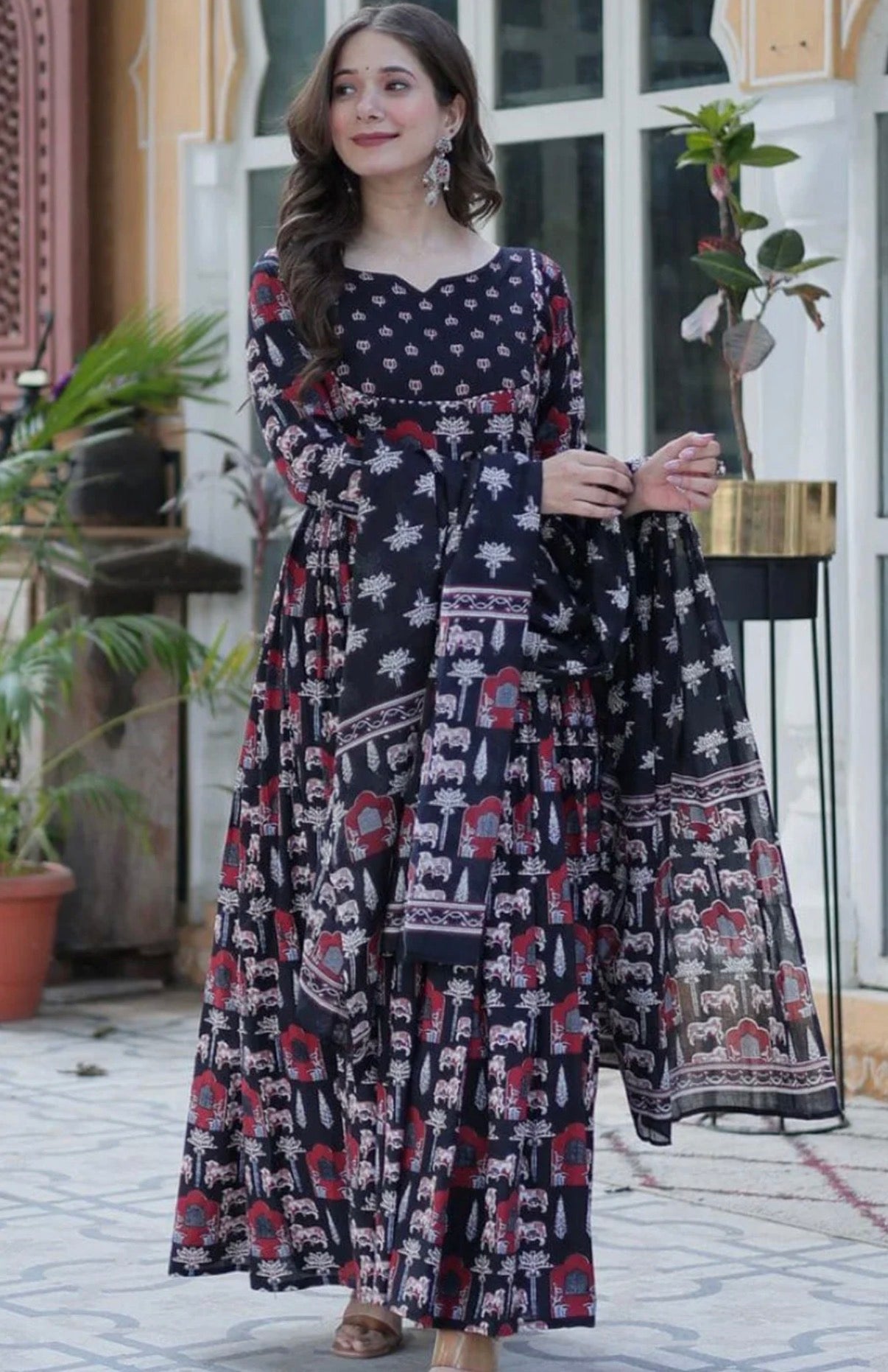 Black Printed Anarkali Pant Set and Dupatta
