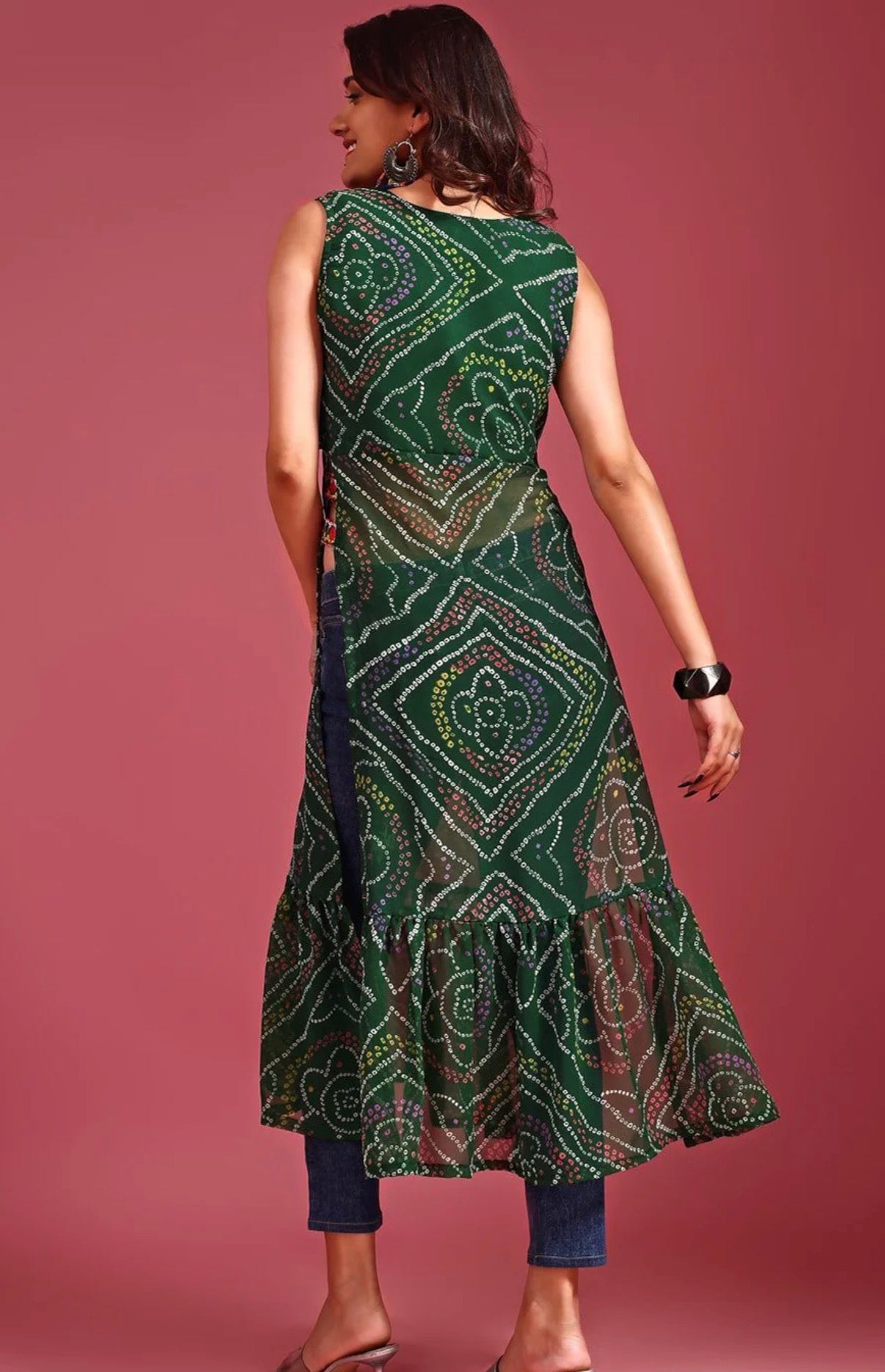 Green Bandhani Georgette Kurti