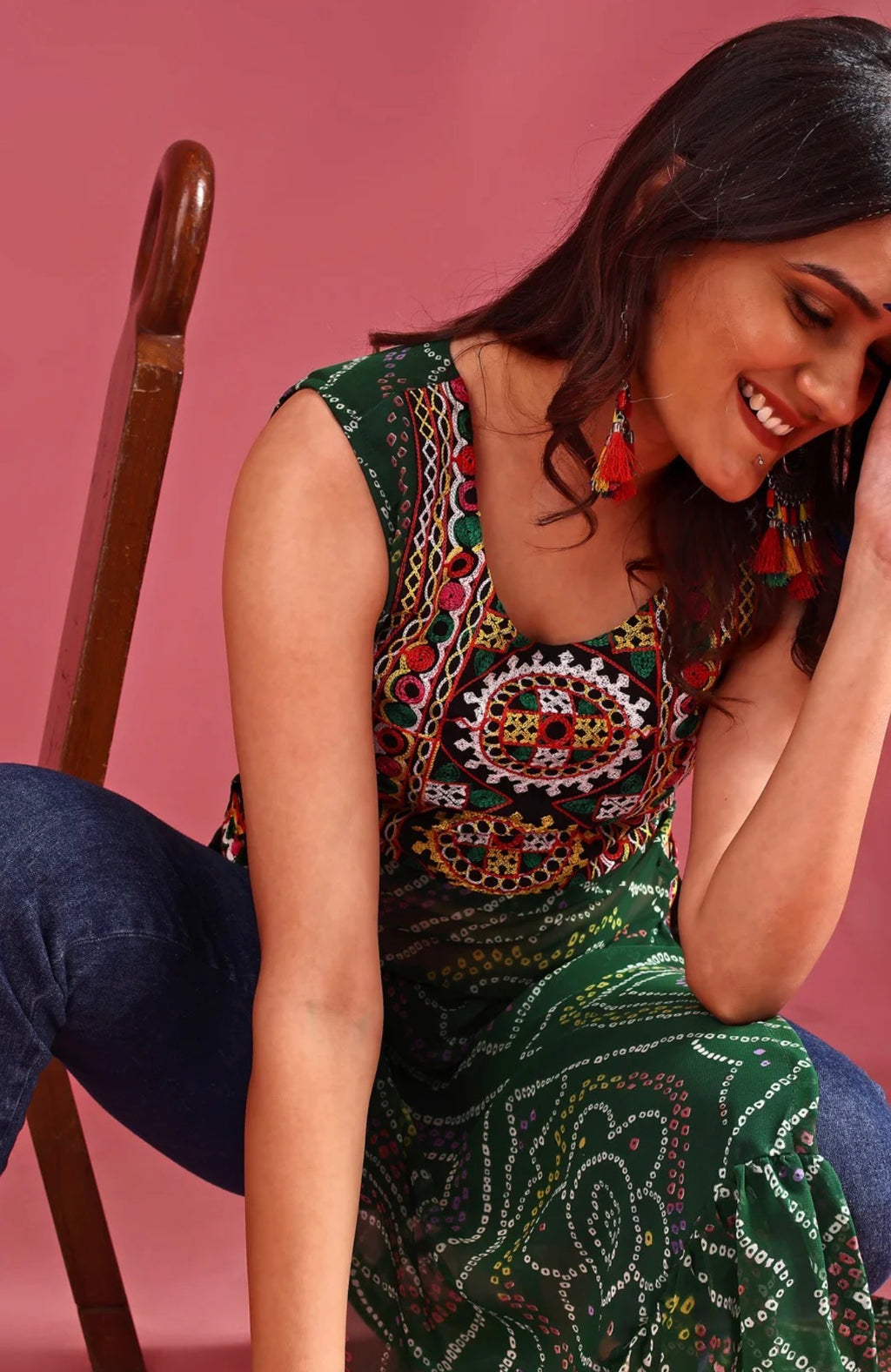 Green Bandhani Georgette Kurti