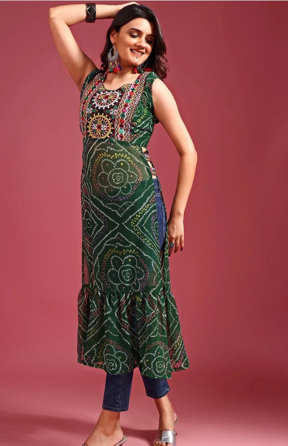 Green Bandhani Georgette Kurti