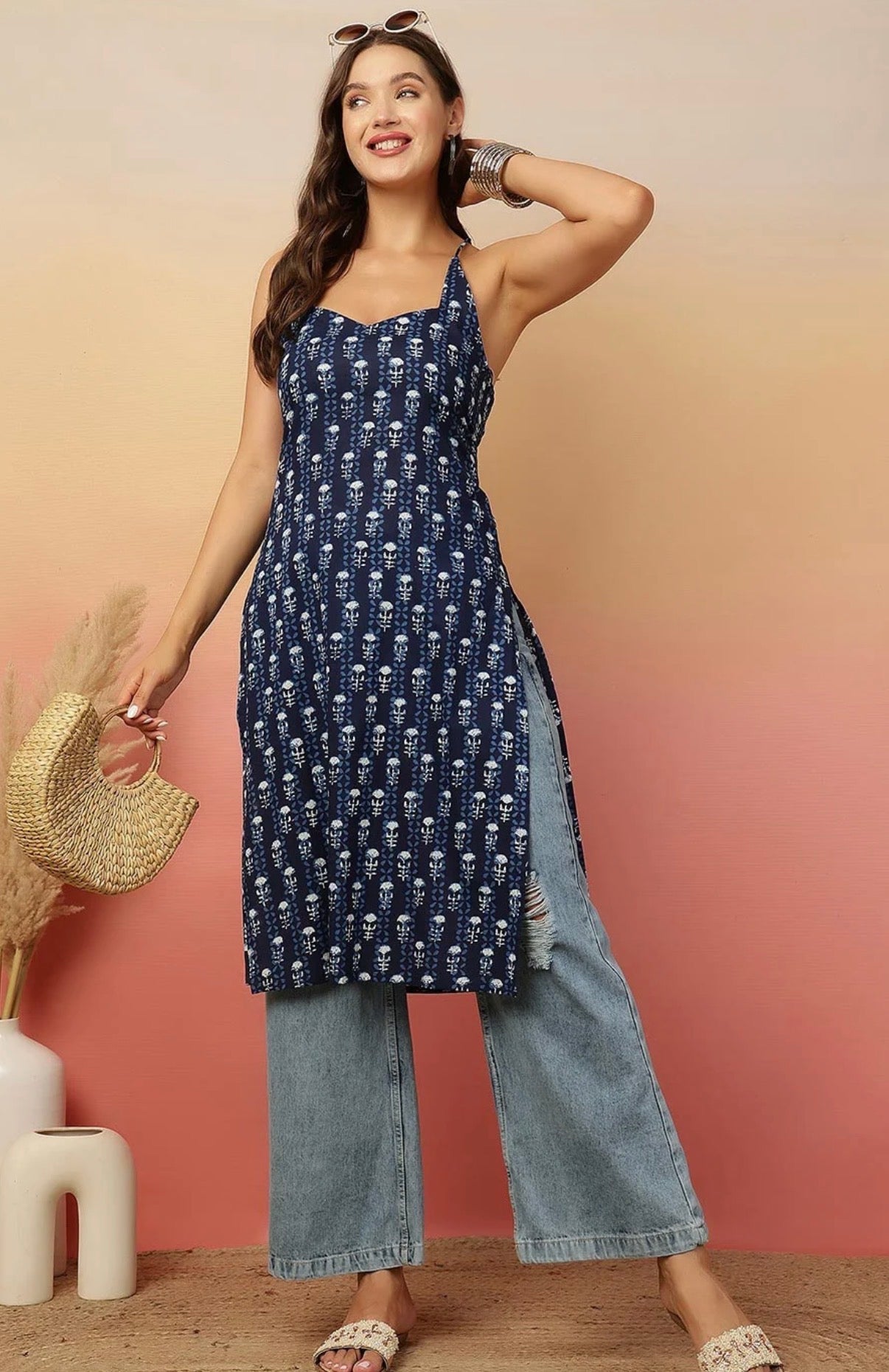 Blue Motifs Printed Summer Kurti