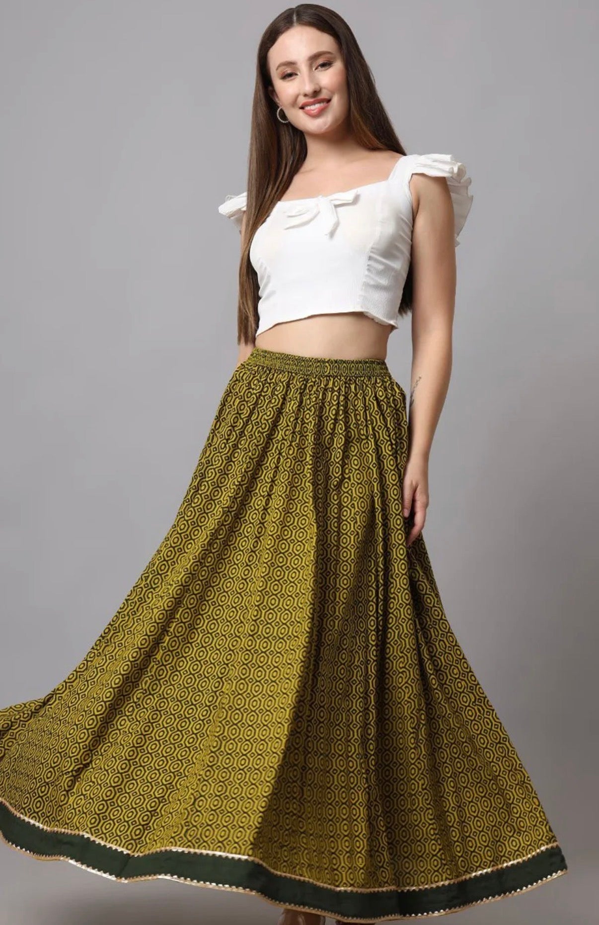 Green Printed Flared Skirt