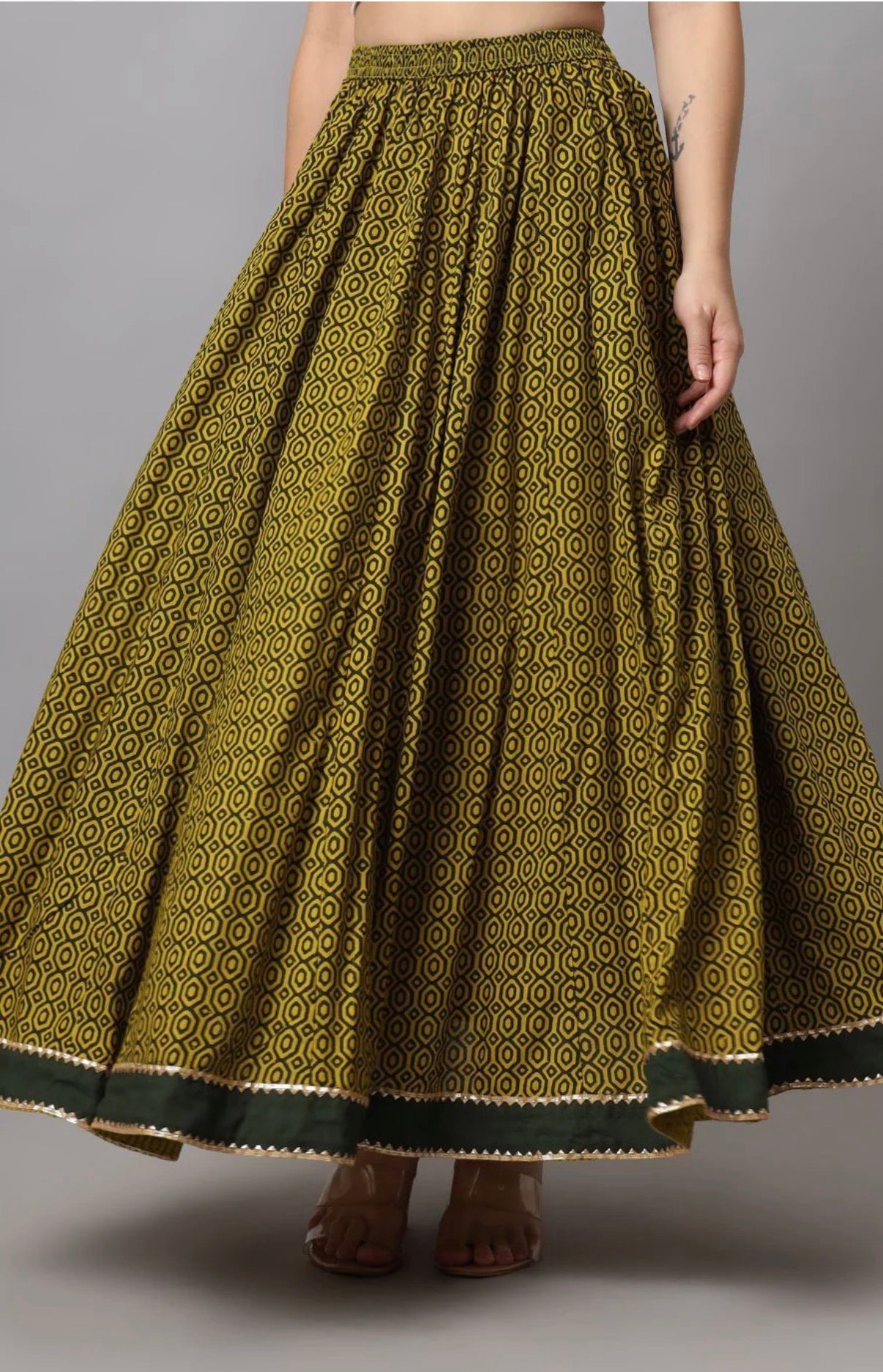 Green Printed Flared Skirt