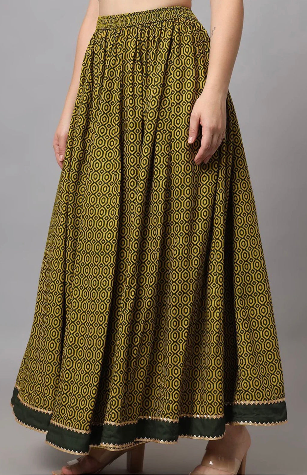 Green Printed Flared Skirt