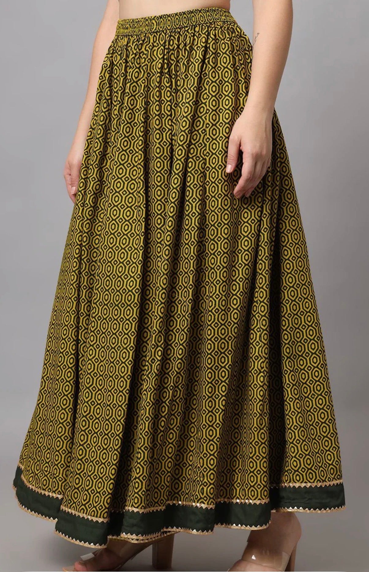 Green Printed Flared Skirt