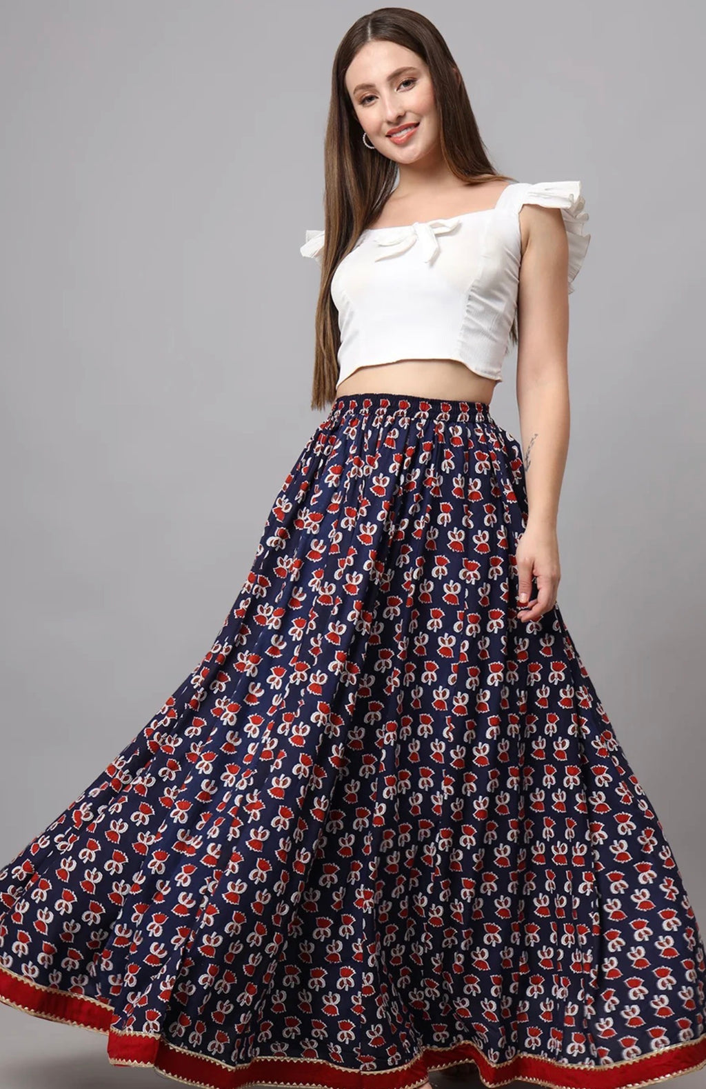 Red-Blue Printed Maxi Skirt