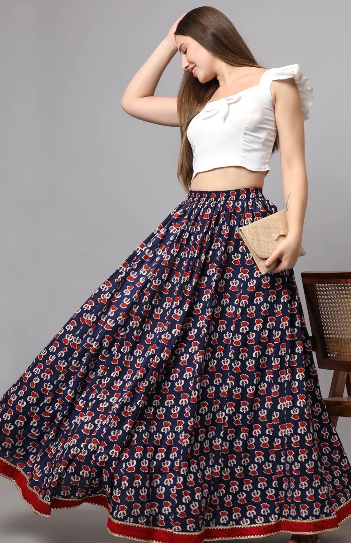 Red-Blue Printed Maxi Skirt