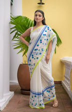 White Flower Mulmul Cotton Saree