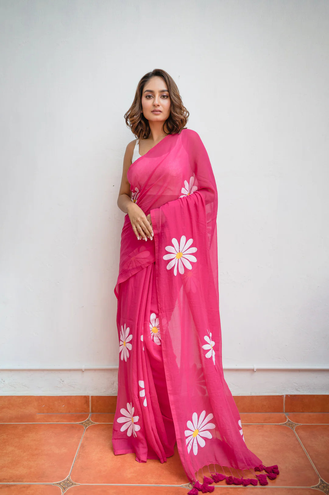 Pink Flower Mulmul Cotton Saree